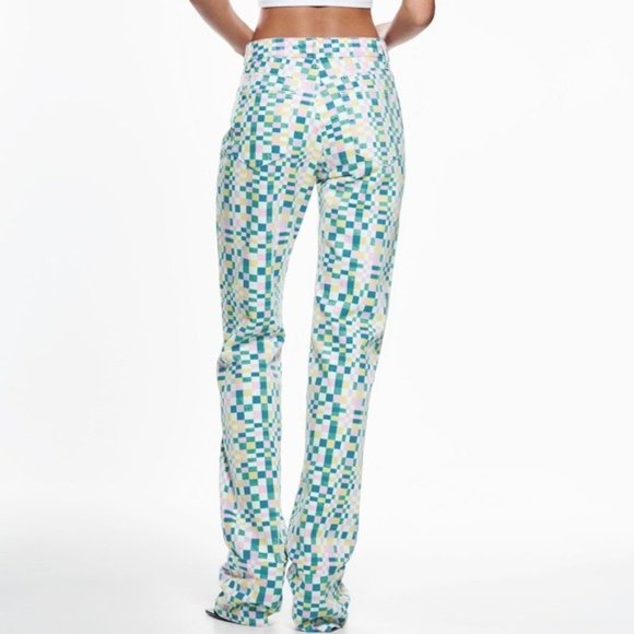 ZARA CHECK PRINT HIGH RISE STRAIGHT FIT JEANS - Picture 2 of 14